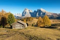 Autumnal scenery in highlands. Alpine landscape  circled by colorful yellow and red fall trees in Dolomite mountains, Tyrol Royalty Free Stock Photo