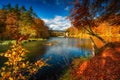 Autumnal scenery and the railway bridge in Rutki, Kashubia. Poland Royalty Free Stock Photo