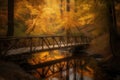 Autumnal scenery: stream, bridge and mountains in harmony., generative IA