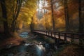 Autumnal scenery: stream, bridge and mountains in harmony., generative IA