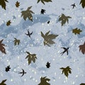 Autumnal seamless composition with swallows,leafs,snowfall,cloudy sky