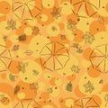 Autumnal seamless pattern with umbrellas and leaves and berries. Maple, chestnut, mountain ash, viburnum. Vivid yellow and black Royalty Free Stock Photo