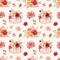Autumnal seamless pattern. Watercolor painted pumpkin, flowers, tree leaves background