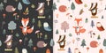 Autumnal seamless patterns set, wallpaper, cute childish background design with cute animals and forest vegetation Royalty Free Stock Photo