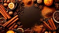 Autumnal Spice and Chocolate Flat Lay with Oranges, Cinnamon, and Nuts Royalty Free Stock Photo