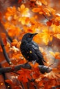 Autumnal Splendor with a Blackbird Perched Among Vibrant Orange Leaves, Nature\'s Beauty in Fall Season