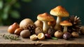 Autumnal still life featuring mushrooms and natural elements on rustic wooden surface. Generative AI Royalty Free Stock Photo