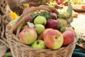 Autumnal still life with plenty of fruit in an old basket Royalty Free Stock Photo