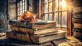 Autumnal sunlight illuminates a stack of antique books bound in leather with a dried leaf. Generative AI Royalty Free Stock Photo
