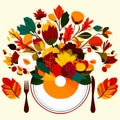 Autumnal table setting with flowers and leaves. Vector illustration. AI generated Royalty Free Stock Photo