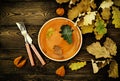 Autumnal table setting for Thanksgiving dinner. Empty plate, cutlery, colored leaves on wooden table. Fall food concept. Royalty Free Stock Photo