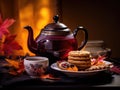 Autumnal Tea Time: Delicate Porcelain Teapot and Leaf-Shaped Cookies on a Rich Plum Canvas