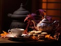 Autumnal Tea Time: Delicate Porcelain Teapot and Leaf-Shaped Cookies on a Rich Plum Canvas