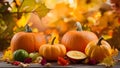 Autumnal Thanksgiving background with pumpkins, fruits, flowers Royalty Free Stock Photo