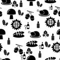 Autumnal Thanksgiving black and white seamless pattern with turkey and bread illustration on white background