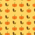 Autumnal Thanksgiving orange seamless pattern with pumpkin and leaf, leaves illustration