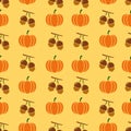 Autumnal Thanksgiving orange seamless pattern with pumpkin and leaf, leaves illustration