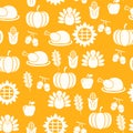 Autumnal Thanksgiving orange seamless pattern with turkeys illustration.