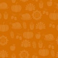 Autumnal Thanksgiving orange seamless pattern with turkeys, pumpkin, leaves illustration.