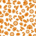 Autumnal Thanksgiving orange and white seamless pattern with turkeys, pumpkin, leaves illustration