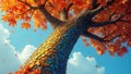 Autumnal tree with vibrant, multicolored bark and falling leaves under a clear sky. Generative AI Royalty Free Stock Photo