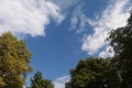 Autumnal trees, blue sky and white clouds Royalty Free Stock Photo