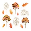 Autumnal trees, bush, leaf set. Watercolor illustration. Hand drawn autumn season tree, bush, bright fallen leaves Royalty Free Stock Photo