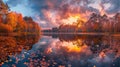 Autumnal trees by serene lake, vibrant colors, detailed textures in wide angle landscape Royalty Free Stock Photo