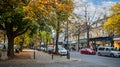 Autumnal trees and shops along The Promenade in Cheltenham Gloucestershire, UK