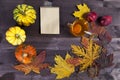 The Autumnal vegetables and leaves on dark wood Royalty Free Stock Photo