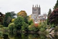 Autumnal view of Hereford Cathedral and the River Wye, Hereford