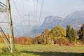 Autumnal view of Rhine valley with Karren mountain in background and flocks of storks