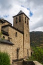 Autumnal view of Romanesque church of Torla, in Huesca, Spain,