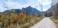 Autumnal walkway to lake Laudachsee, hiking trail Grunberg mountain, austrian alps