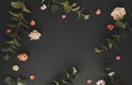Autumnal-winter concept with dried flower, branches of eucalyptus, leaves and berries on dark background. Frame of plants. Flat
