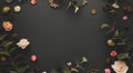 Autumnal-winter concept with dried flowers, branches of eucalyptus, leaves and berries on dark background. Frame of plants. Flat