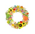 Autumnal decorative wreath with fruits, flowers and wheat
