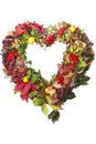 Autumnal wreath in the shape of heart from colored leaves of grapes, berries, quince, isolated on white background. Royalty Free Stock Photo