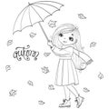 Hand drawn beautiful cute autumn girl with umbrella and leaves. Royalty Free Stock Photo