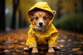 Autumns charm A dog in a yellow raincoat amid parks golden foliage