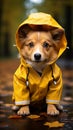 Autumns charm A dog in a yellow raincoat amid parks golden foliage