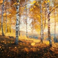 Autumns golden light caresses birch forest in serene afternoon