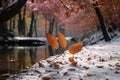 Autumns vibrant beauty contrasts with a snowy, frosty forest backdrop