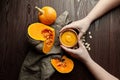 Autunm flat lay composition with pumpkin cream soup in female hands Royalty Free Stock Photo