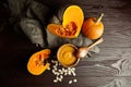 Autunm flat lay composition with pumpkin cream soup Royalty Free Stock Photo