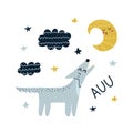 Auu print with cute wolf howling at the moon. Funny card with a forest character