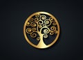 Sacred Tree, gold round tree of life icon, natural logo and black tree ecology illustration symbol sign vector design isolated Royalty Free Stock Photo