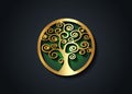 Sacred Tree, gold round tree of life icon, natural logo and tree green ecology illustration symbol sign vector design isolated Royalty Free Stock Photo