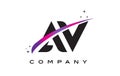 AV A V Black Letter Logo Design with Purple Magenta Swoosh