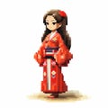 3d 8 Bit Pixel Cartoon Of Ava In Kimono - Full Body